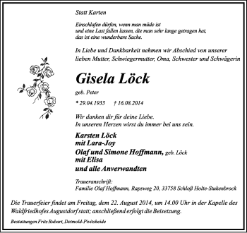 Anzeige  Gisela Löck  Lippische Landes-Zeitung