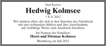 Anzeige  Hedwig Kolmsee  Lippische Landes-Zeitung