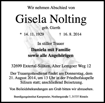 Anzeige  Gisela Nolting  Lippische Landes-Zeitung