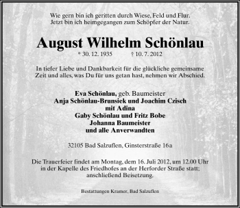 Anzeige  August Wilhelm Schönlau  Lippische Landes-Zeitung
