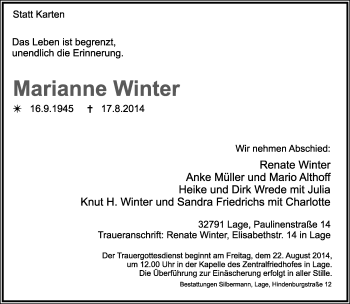 Anzeige  Marianne Winter  Lippische Landes-Zeitung