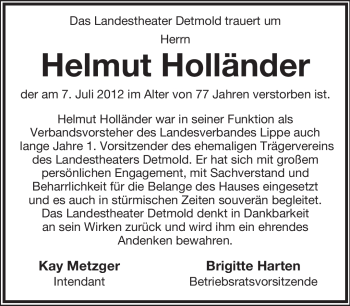 Anzeige  Helmut Holländer  Lippische Landes-Zeitung
