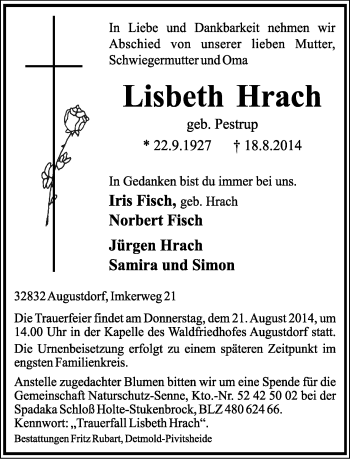 Anzeige  Lisbeth Hrach  Lippische Landes-Zeitung
