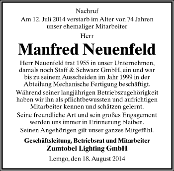 Anzeige  Manfred  Neuenfeld  Lippische Landes-Zeitung