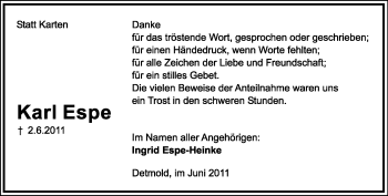 Anzeige  Karl Espe  Lippische Landes-Zeitung