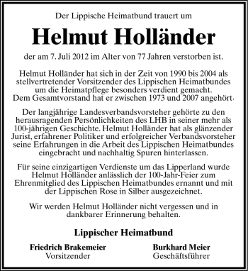 Anzeige  Helmut Holländer  Lippische Landes-Zeitung