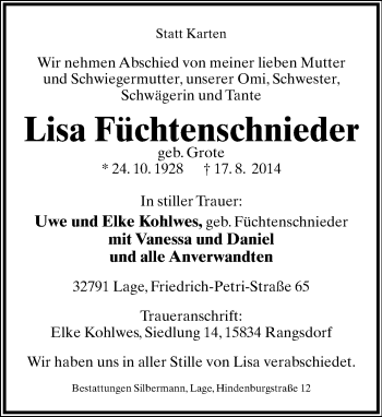 Anzeige  Lisa Füchtenschnieder  Lippische Landes-Zeitung