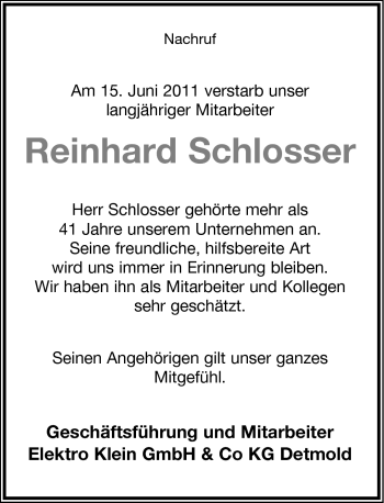 Anzeige  Reinhard Schlosser  Lippische Landes-Zeitung