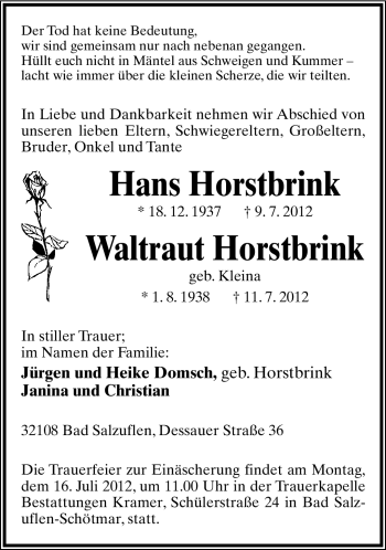 Anzeige  Hans Horstbrink  Lippische Landes-Zeitung