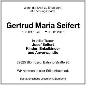 Anzeige  Gertrud Maria Seifert  Lippische Landes-Zeitung