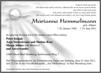 Anzeige  Marianne Hemmelmann  Lippische Landes-Zeitung