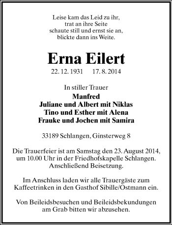 Anzeige  Erna Eilert  Lippische Landes-Zeitung