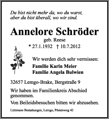 Anzeige  Annelore Schröder  Lippische Landes-Zeitung