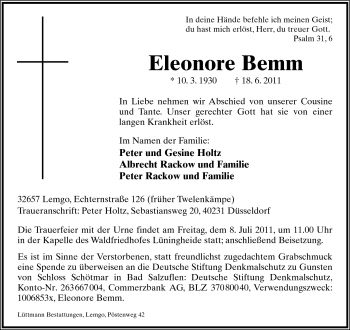 Anzeige  Eleonore Bemm  Lippische Landes-Zeitung