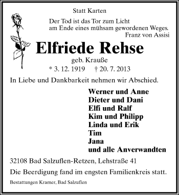 Anzeige  Elfriede Rehse  Lippische Landes-Zeitung