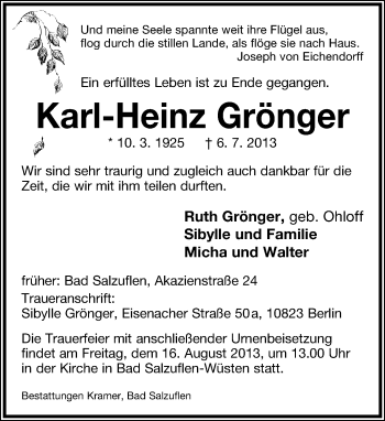 Anzeige  Karl-Heinz Grönger  Lippische Landes-Zeitung