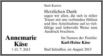 Anzeige  Annemarie Käse  Lippische Landes-Zeitung