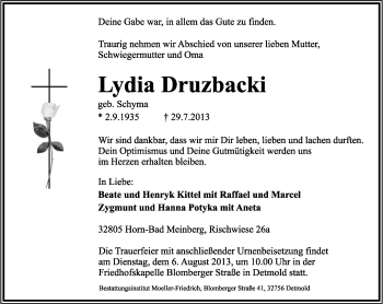 Anzeige  Lydia Druzbacki  Lippische Landes-Zeitung