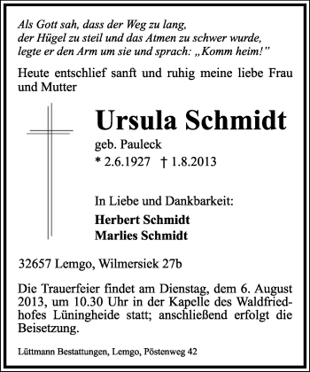 Anzeige  Ursula Schmidt  Lippische Landes-Zeitung
