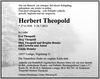 Anzeige  Herbert Theopold  Lippische Landes-Zeitung