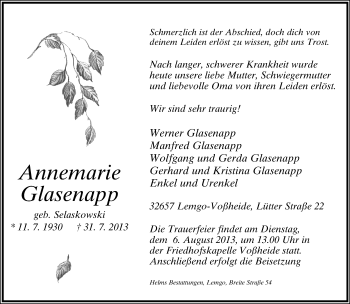Anzeige  Annemarie Glasenapp  Lippische Landes-Zeitung