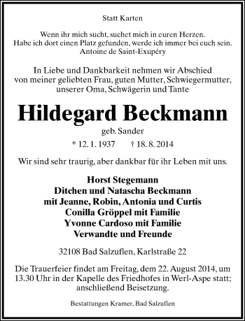 Anzeige  Hildegard Beckmann  Lippische Landes-Zeitung