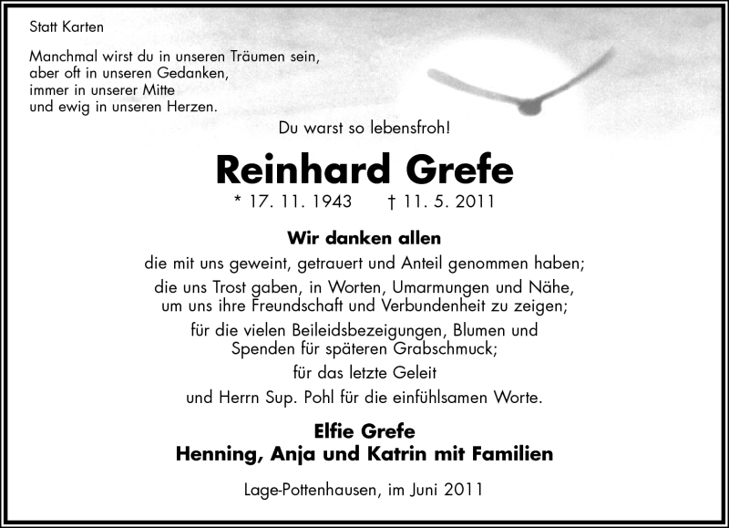  Traueranzeige für Reinhard Grefe vom 25.06.2011 aus Lippische Landes-Zeitung