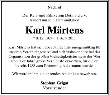 Anzeige  Karl Märtens  Lippische Landes-Zeitung