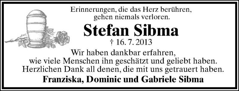  Traueranzeige für Stefan Sibma vom 03.08.2013 aus Lippische Landes-Zeitung