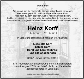 Anzeige  Heinz Korff  Lippische Landes-Zeitung