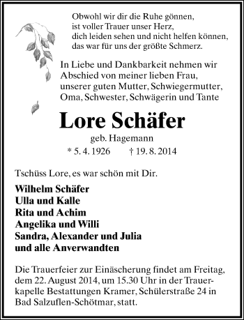 Anzeige  Lore Schäfer  Lippische Landes-Zeitung