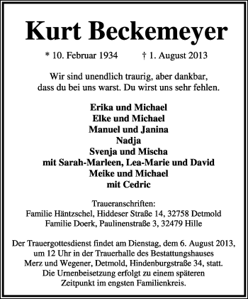 Anzeige  Kurt Beckemeyer  Lippische Landes-Zeitung