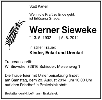 Anzeige  Werner Sieweke  Lippische Landes-Zeitung