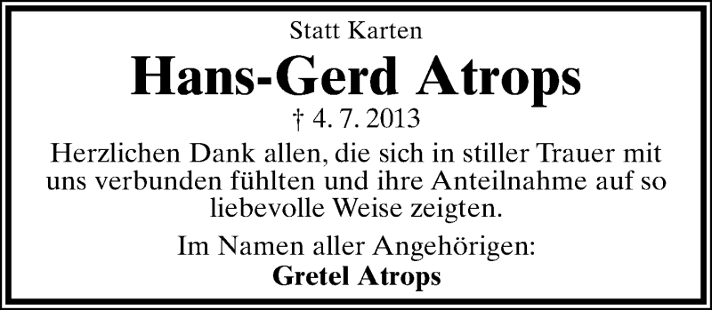  Traueranzeige für Hans-Gerd Atrops vom 10.08.2013 aus Lippische Landes-Zeitung