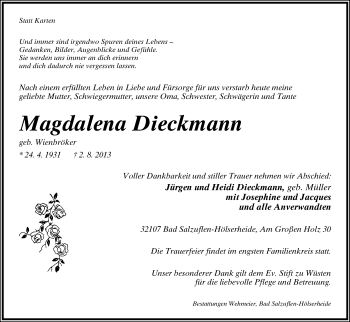 Anzeige  Magdalena Dieckmann  Lippische Landes-Zeitung