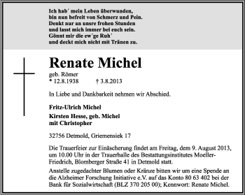 Anzeige  Renate Michel  Lippische Landes-Zeitung