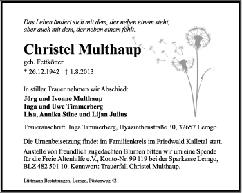 Anzeige  Christel Multhaup  Lippische Landes-Zeitung