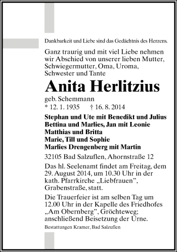 Anzeige  Anita Herlitzius  Lippische Landes-Zeitung