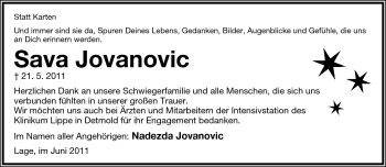 Anzeige  Sava Jovanovic  Lippische Landes-Zeitung