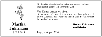Anzeige  Martha Fuhrmann  Lippische Landes-Zeitung