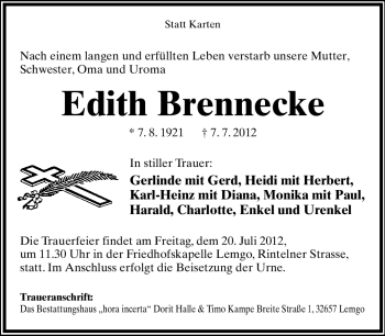 Anzeige  Edith Brennecke  Lippische Landes-Zeitung
