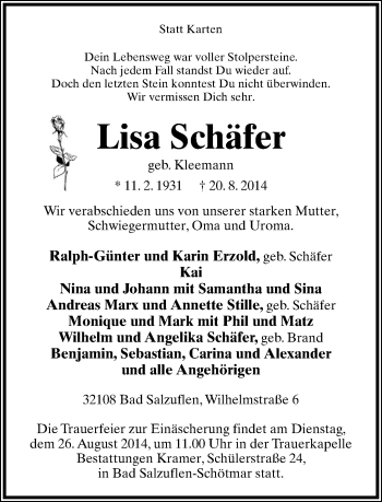 Anzeige  Lisa Schäfer  Lippische Landes-Zeitung