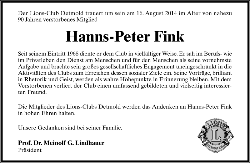  Traueranzeige für Hanns-Peter Fink vom 21.08.2014 aus Lippische Landes-Zeitung