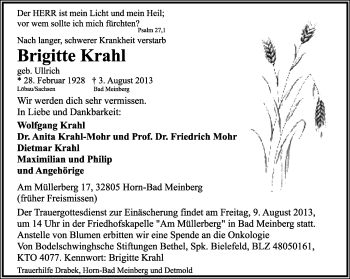 Anzeige  Brigitte Krahl  Lippische Landes-Zeitung