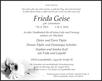 Anzeige  Frieda Geise  Lippische Landes-Zeitung