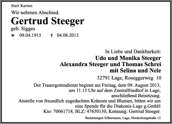 Anzeige  Gertrud Steeger  Lippische Landes-Zeitung