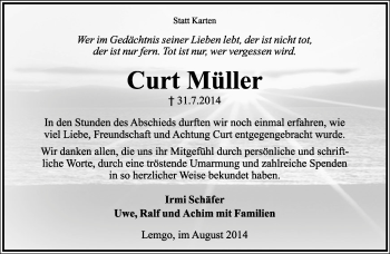 Anzeige  Curt Müller  Lippische Landes-Zeitung