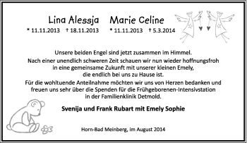 Anzeige  Marie Celine Rubart  Lippische Landes-Zeitung