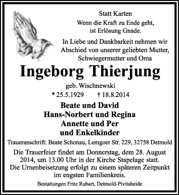 Anzeige  Ingeborg Thierjung  Lippische Landes-Zeitung