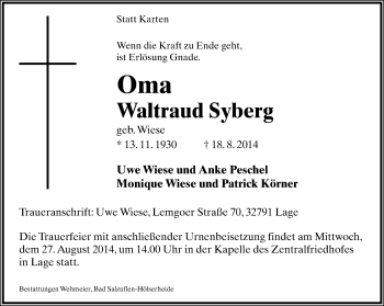 Anzeige  Waltraud Syberg  Lippische Landes-Zeitung